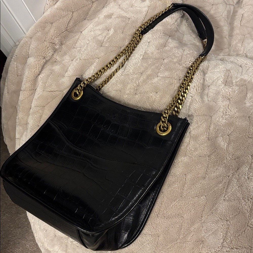 Karl Lagerfeld Paris Black Croc-Embossed Leather gold chain strap hobo bag - Picture 13 of 16